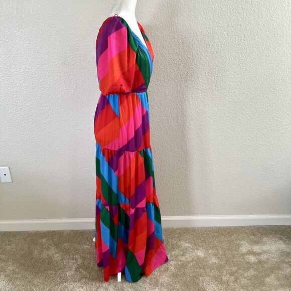 Skies are Blue Iliana Tiered Pink Colorful Maxi Dress Size Small Puffy Sleeve - Picture 9 of 16